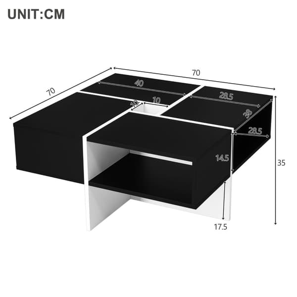 Rootz Modern Square Sofabord - Stuebord - Sort og hvidt bord - Rummelig opbevaring - 70L x 70W x 35H cm