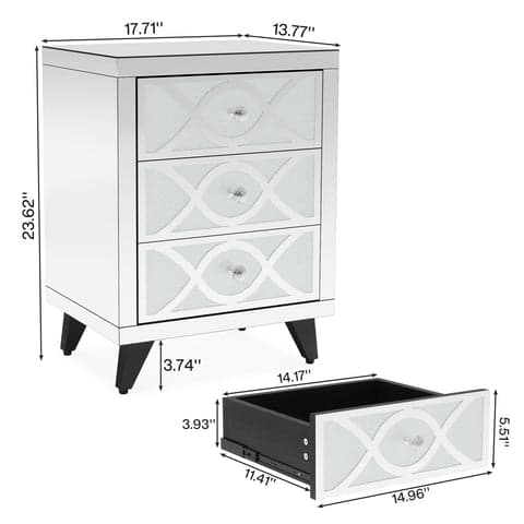 Rootz Nattduksbord med spegel - Sängbord - Kristalllådor - Förvaring med 3 lådor - 35 cm D x 45 cm B x 60 cm H