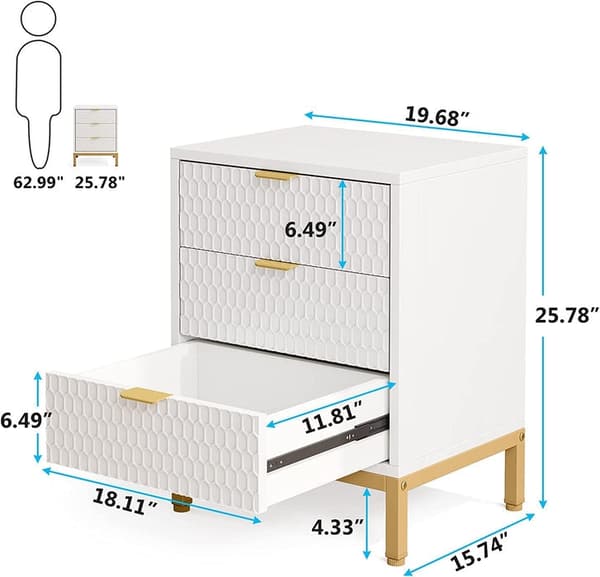 Rootz Elegant sengebord - Natbord - Skuffekiste - Rigelig opbevaring - 50 cm Længde x 40 cm Dybde x 65,5 cm Højde