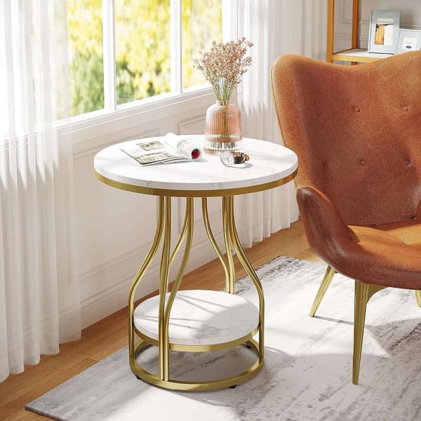 Rootz White Gold 2-kerroksinen pyöreä sivupöytä - Päätypöytä - Yöpöytä - Moderni muotoilu - 50 cm S x 50 cm L x 59 cm K