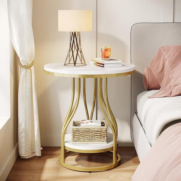 Rootz White Gold 2-kerroksinen pyöreä sivupöytä - Päätypöytä - Yöpöytä - Moderni muotoilu - 50 cm S x 50 cm L x 59 cm K