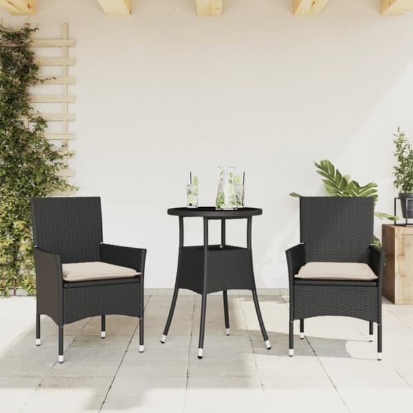 Matgrupp för trädgård med dynor 3 delar svart konstrotting&glas