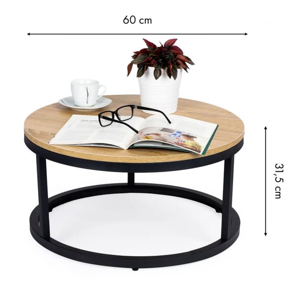 Kompakt rund industriell soffbord för små utrymmen, 60 cm diameter, svart trä & metall