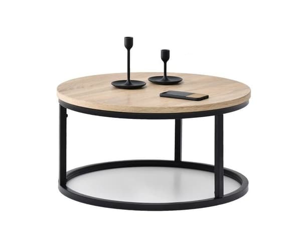 Kompakt rund industriell soffbord för små utrymmen, 60 cm diameter, svart trä & metall