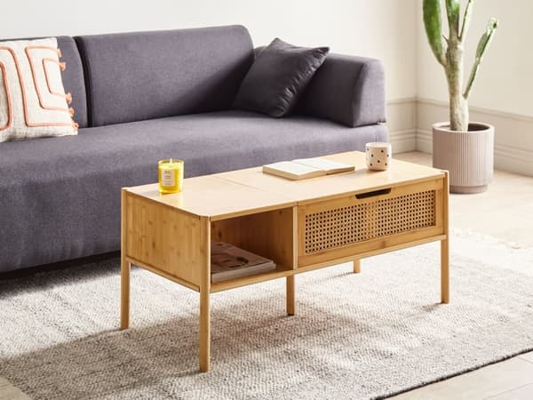 Sofabord i naturlig bambus og rotting 99 x 48 cm med opbevaring Løftebordplade Stuemøbler Boho Style