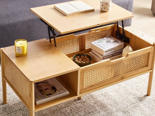 Sofabord i naturlig bambus og rotting 99 x 48 cm med opbevaring Løftebordplade Stuemøbler Boho Style
