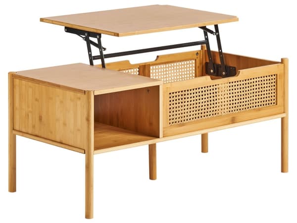 Sofabord i naturlig bambus og rotting 99 x 48 cm med opbevaring Løftebordplade Stuemøbler Boho Style