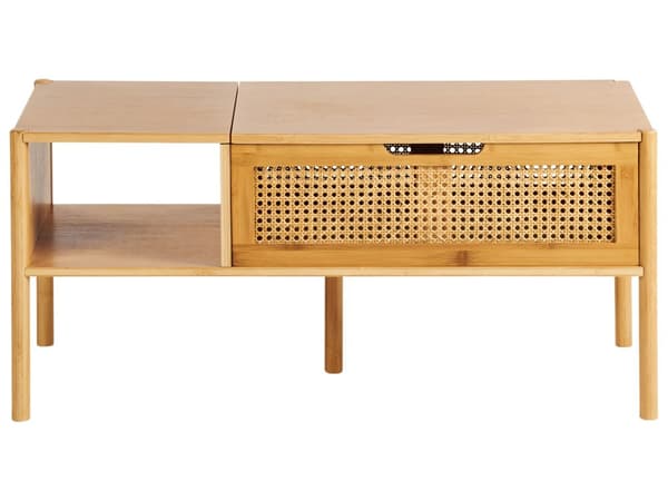 Sofabord i naturlig bambus og rotting 99 x 48 cm med opbevaring Løftebordplade Stuemøbler Boho Style