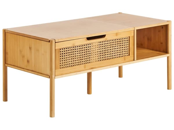 Sofabord i naturlig bambus og rotting 99 x 48 cm med opbevaring Løftebordplade Stuemøbler Boho Style