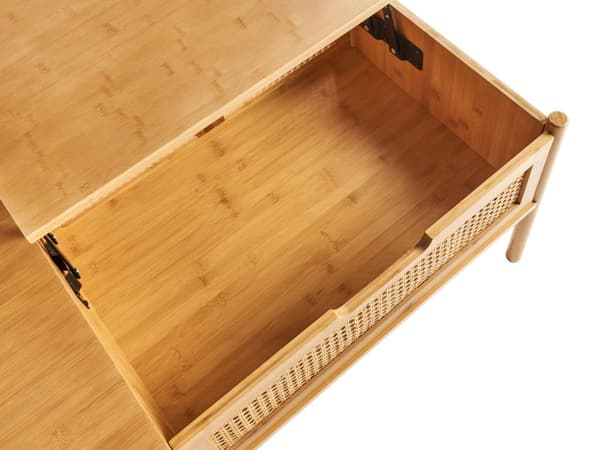 Sofabord i naturlig bambus og rotting 99 x 48 cm med opbevaring Løftebordplade Stuemøbler Boho Style