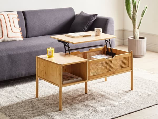Sofabord i naturlig bambus og rotting 99 x 48 cm med opbevaring Løftebordplade Stuemøbler Boho Style