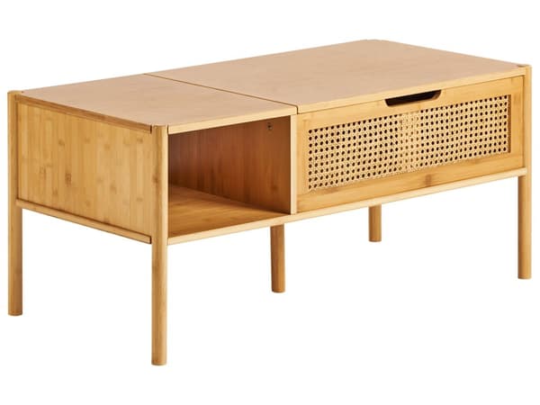 Sofabord i naturlig bambus og rotting 99 x 48 cm med opbevaring Løftebordplade Stuemøbler Boho Style