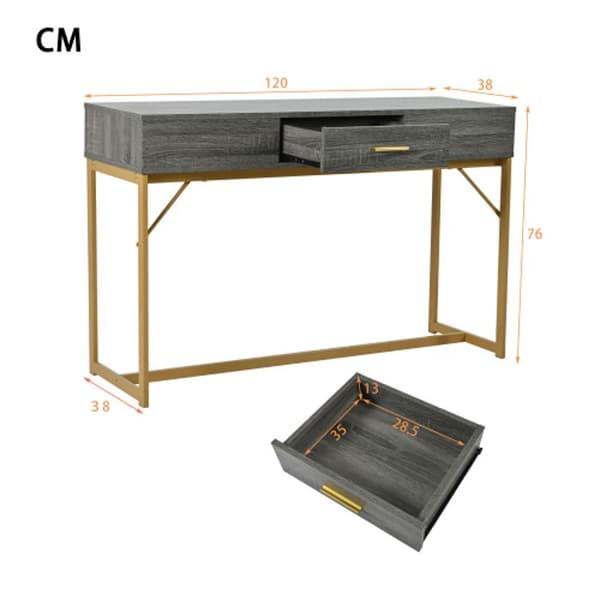 Konsolbord, bord med 1 låda, lätt sidobord i lyxstil, soffbord, 120x38x76 cm, grå/guld