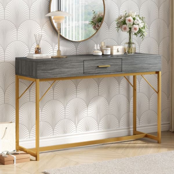 Konsolbord, bord med 1 låda, lätt sidobord i lyxstil, soffbord, 120x38x76 cm, grå/guld