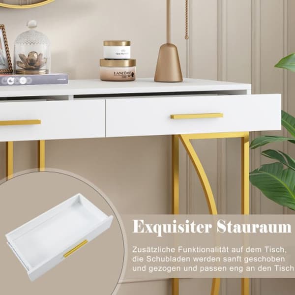 Spelbord, hallbord med 2 lådor, lätt lyxigt soffbord, soffbord, 120x38x76 cm, vit/guld