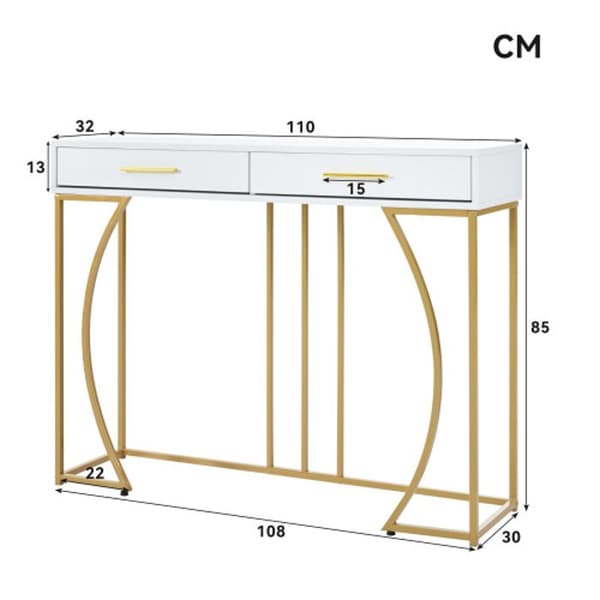 Spelbord, hallbord med 2 lådor, lätt lyxigt soffbord, soffbord, 120x38x76 cm, vit/guld