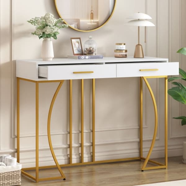 Spelbord, hallbord med 2 lådor, lätt lyxigt soffbord, soffbord, 120x38x76 cm, vit/guld