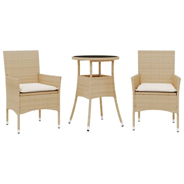 Matgrupp för trädgård med dynor 3 delar beige konstrotting&glas