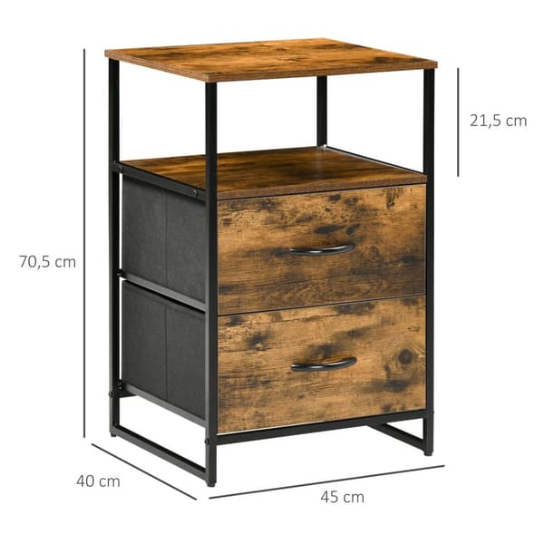 Rootz sängbord - sidobord - industriellt skåp - 2 tyglådor - 45 x 40 x 70,5 cm - Robust trä- och metalldesign