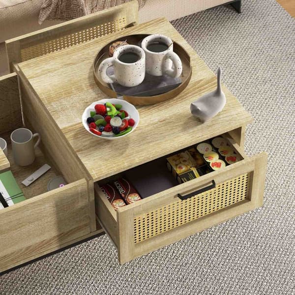 Rootz soffbord med fällbar bricka - vardagsrumsbord - naturlig träfinish - rymdsparare - 106 x 56,3 x 48 cm