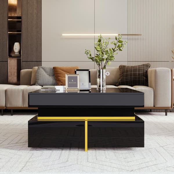 Rootz High Gloss soffbord - vardagsrumsbord - guldpläterade accenter - gott om förvaring - 70 cm x 70 cm x 35,5 cm
