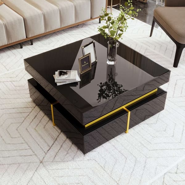 Rootz High Gloss soffbord - vardagsrumsbord - guldpläterade accenter - gott om förvaring - 70 cm x 70 cm x 35,5 cm