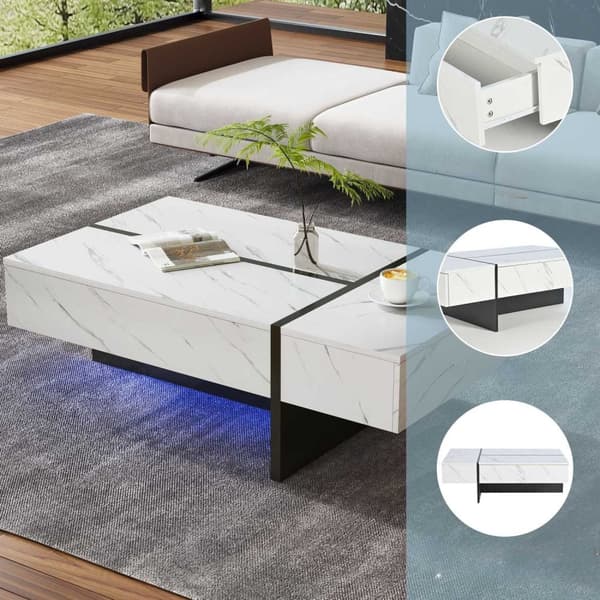 Rootz Modern soffbord - LED -tabell - Marmormönsterbord - LED -belysning - 105 cm x 60 cm x 35 cm