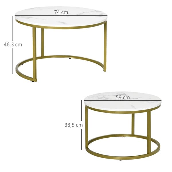 Rootz Marble Look Side Table Set - Safettabeller - häckta bord - Rymdbesparande, lätt att rengöra - Ø74 & Ø59 cm - White & Gold Finish
