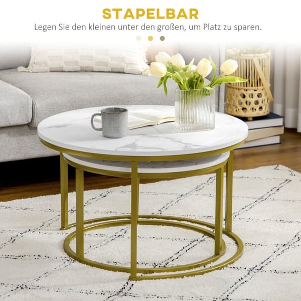 Rootz Marble Look Side Table Set - Safettabeller - häckta bord - Rymdbesparande, lätt att rengöra - Ø74 & Ø59 cm - White & Gold Finish