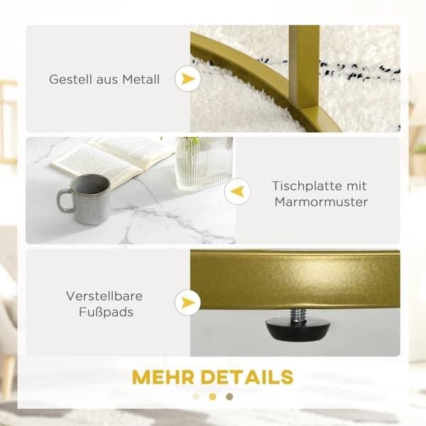 Rootz Marble Look Side Table Set - Safettabeller - häckta bord - Rymdbesparande, lätt att rengöra - Ø74 & Ø59 cm - White & Gold Finish