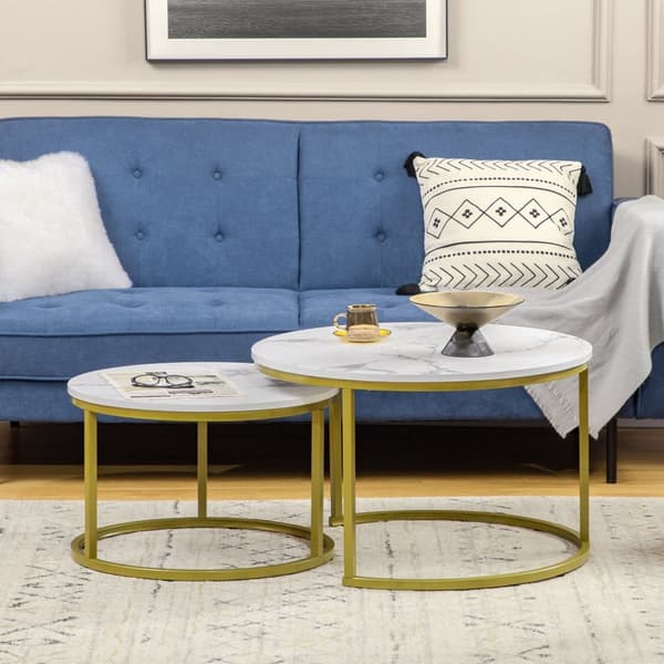 Rootz Marble Look Side Table Set - Safettabeller - häckta bord - Rymdbesparande, lätt att rengöra - Ø74 & Ø59 cm - White & Gold Finish