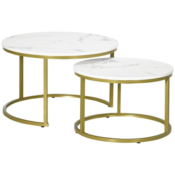 Rootz Marble Look Side Table Set - Safettabeller - häckta bord - Rymdbesparande, lätt att rengöra - Ø74 & Ø59 cm - White & Gold Finish