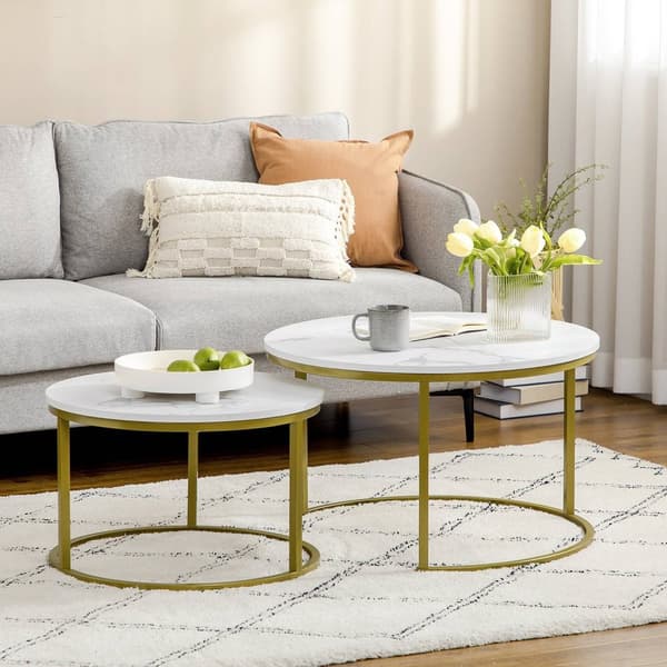Rootz Marble Look Side Table Set - Safettabeller - häckta bord - Rymdbesparande, lätt att rengöra - Ø74 & Ø59 cm - White & Gold Finish