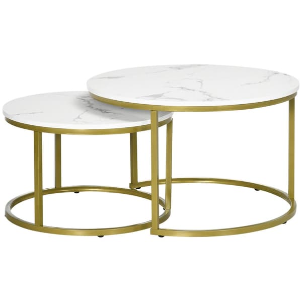 Rootz Marble Look Side Table Set - Safettabeller - häckta bord - Rymdbesparande, lätt att rengöra - Ø74 & Ø59 cm - White & Gold Finish