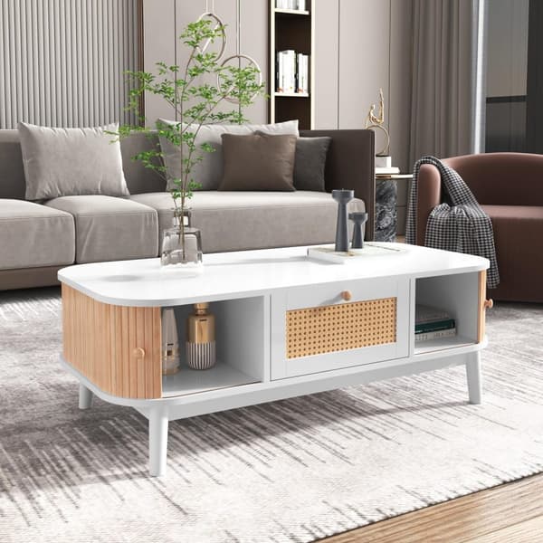 Rootz Rattan -sohvapöytä - Maatyyli - Tyylikäs polyrattan - tilava säilytystila - 110L x 55W x 38,5H cm