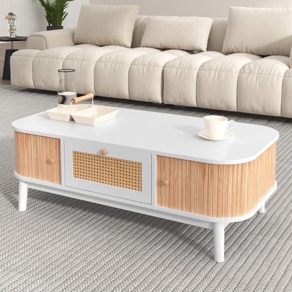 Rootz Rattan -sohvapöytä - Maatyyli - Tyylikäs polyrattan - tilava säilytystila - 110L x 55W x 38,5H cm