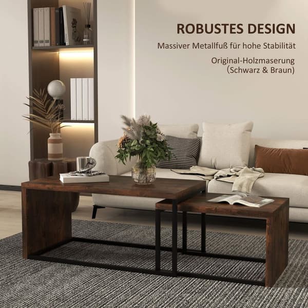 Rootz -sarja 2 sohvapöytä - sohvapöytä - sivupöytä - moderni tyyli - MDF & Metal - 90 x 48 x 42 cm / 59 x 42 x 36 cm - musta + ruskea