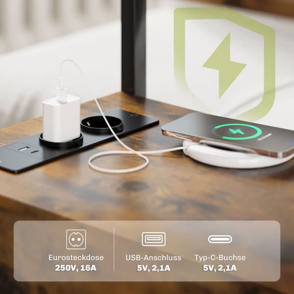 Rootzin sivupöytä latausasemalla - Yöpöytä - Päätytaulukko - USB & Type -C -portit - 55 cm x 35cm x 58,5 cm - tukeva suunnittelu