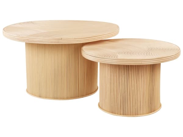 Sæt med 2 sofaborde Naturfarve Rattan Runde former Lodrette linjer Boheme og moderne stil Håndlavet sofabord