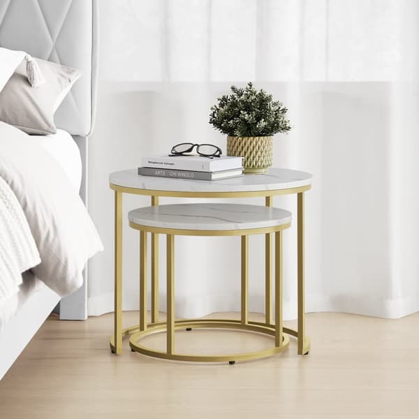 Rundt sofabord 2 stk - marmor / guld ben