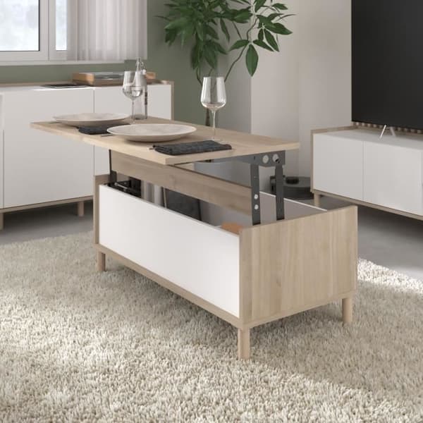 MORPHOS lift-up soffbord - L 100 x D 50 x H 43,6 cm - Rektangulär - Vit / Ek dekor - PARISOT