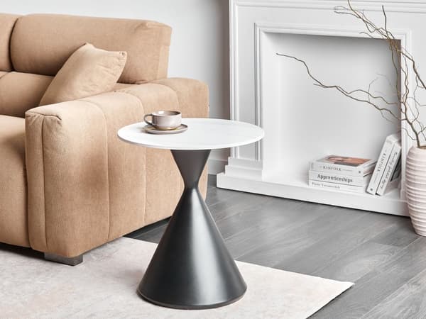 Sidebord Hvid Sort Bordplade i sintret sten Metalbase ø 50 cm Gulddetaljer Opbevaringsrum Moderne design Stue Små borde