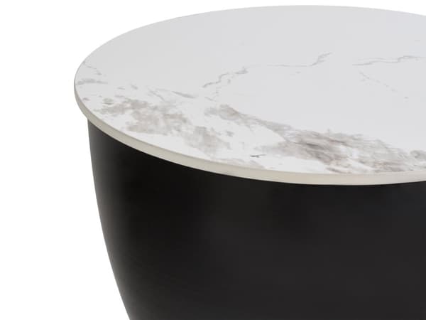 Sidebord Hvid Sort Bordplade i sintret sten Metalbase ø 48 cm Gulddetaljer Opbevaringsrum Moderne design Stue Små borde