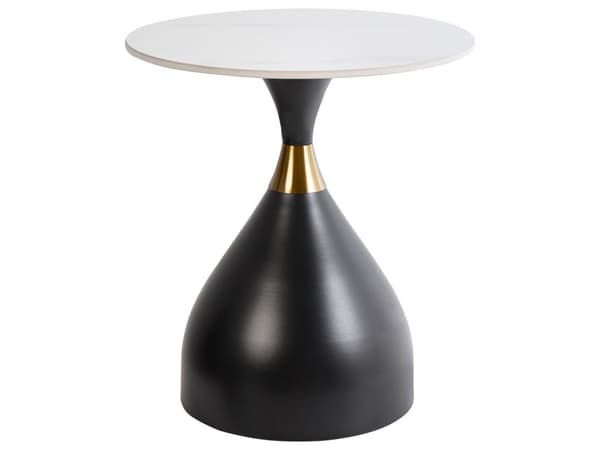 Sidebord Hvid Sort Bordplade i sintret sten Metalfod ø 50 cm Gulddetaljer Moderne design Stue Lille bord