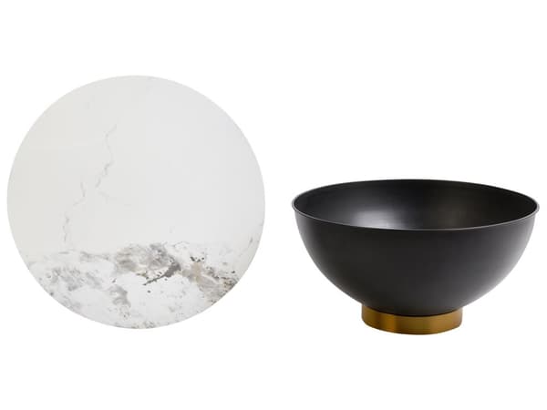 Sofabord Hvid Sort Bordplade i sintret sten Metalstel ø 74 cm Gulddetaljer Moderne design Stue Sofabord