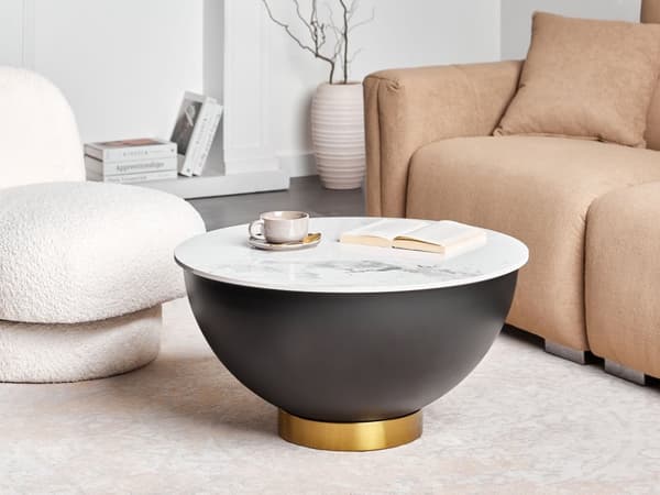 Sofabord Hvid Sort Bordplade i sintret sten Metalstel ø 74 cm Gulddetaljer Moderne design Stue Sofabord