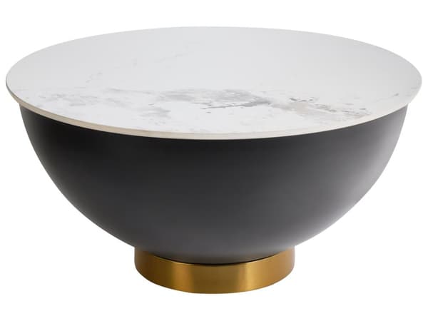 Sofabord Hvid Sort Bordplade i sintret sten Metalstel ø 74 cm Gulddetaljer Moderne design Stue Sofabord