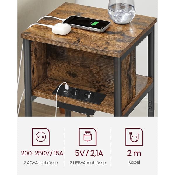 Sivupöytä Yöpöytä pistorasialla Slim 2 AC-porttia 2 USB-porttia 30 x 34 x 58 cm, ruskea/musta