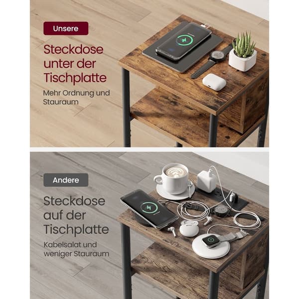 Sivupöytä Yöpöytä pistorasialla Slim 2 AC-porttia 2 USB-porttia 30 x 34 x 58 cm, ruskea/musta