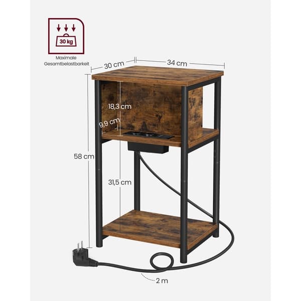 Sivupöytä Yöpöytä pistorasialla Slim 2 AC-porttia 2 USB-porttia 30 x 34 x 58 cm, ruskea/musta
